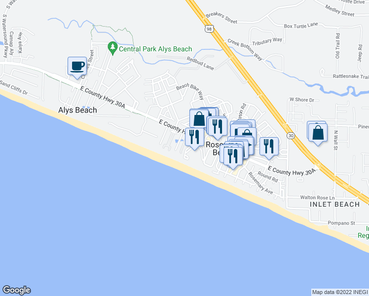 map of restaurants, bars, coffee shops, grocery stores, and more near 75 Longue Vue Drive in Rosemary Beach