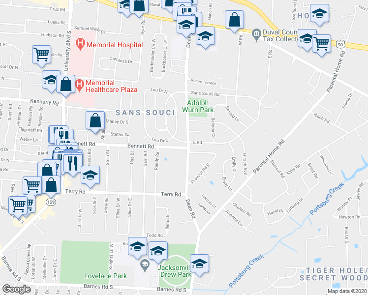map of restaurants, bars, coffee shops, grocery stores, and more near 6681 Bennett Road in Jacksonville