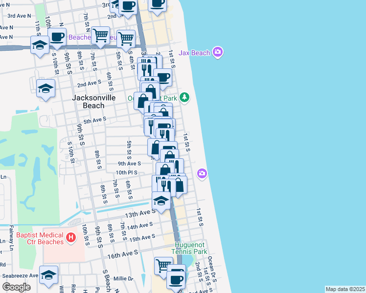 map of restaurants, bars, coffee shops, grocery stores, and more near 119 9th Avenue South in Jacksonville Beach