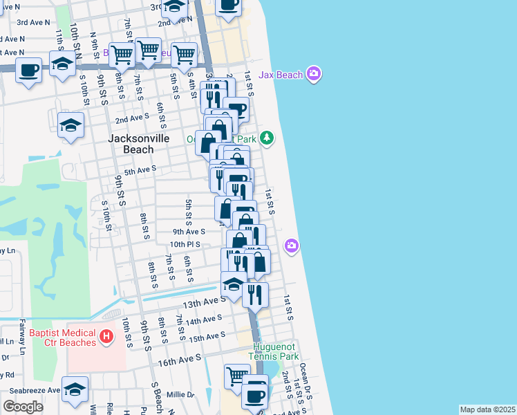 map of restaurants, bars, coffee shops, grocery stores, and more near 119 9th Avenue South in Jacksonville Beach