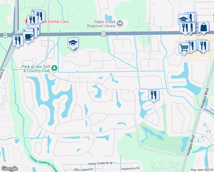map of restaurants, bars, coffee shops, grocery stores, and more near 12959 Hunt Club Road North in Jacksonville