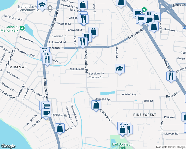 map of restaurants, bars, coffee shops, grocery stores, and more near 2105 Thomas Court in Jacksonville