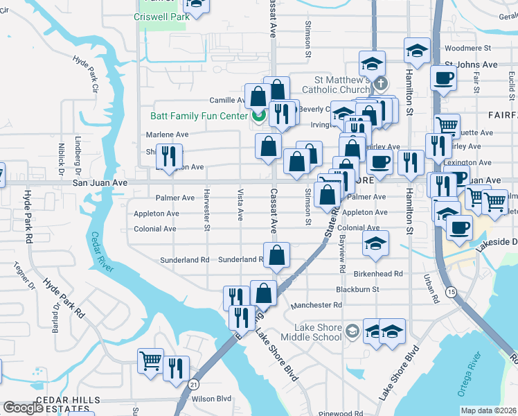 map of restaurants, bars, coffee shops, grocery stores, and more near 5051 Appleton Avenue in Jacksonville