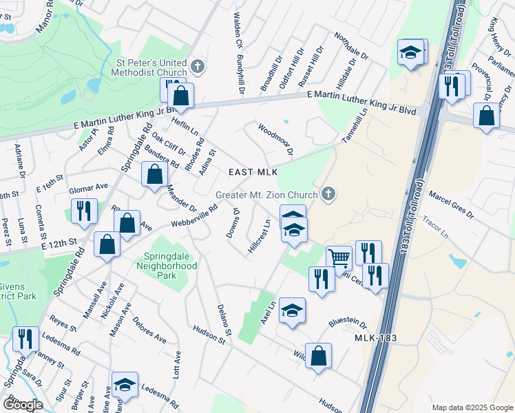 map of restaurants, bars, coffee shops, grocery stores, and more near 1734 Bunche Road in Austin