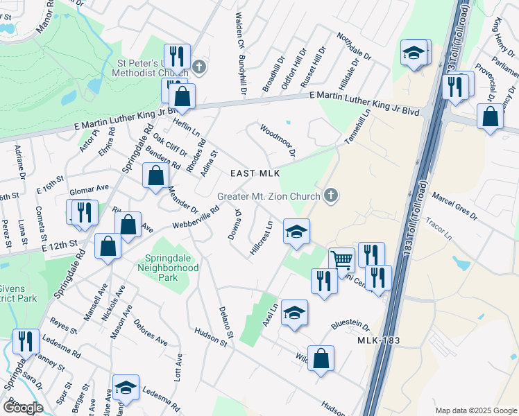 map of restaurants, bars, coffee shops, grocery stores, and more near 1734 Bunche Road in Austin