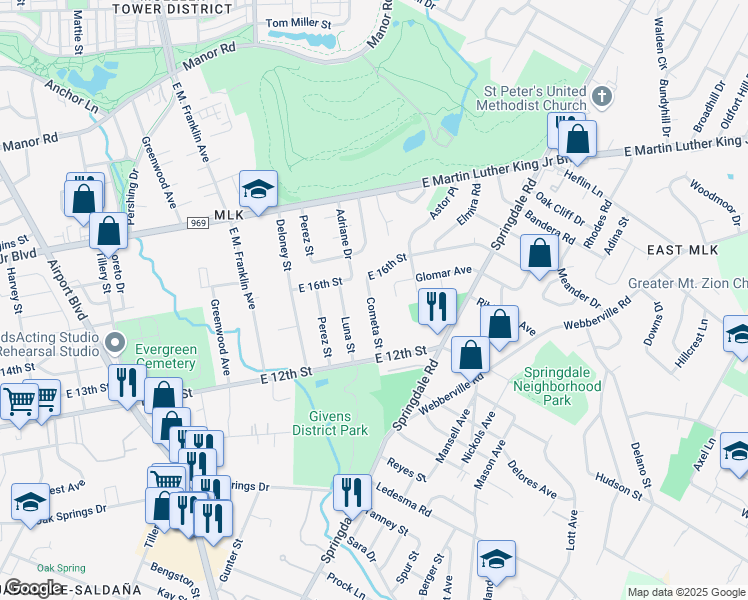 map of restaurants, bars, coffee shops, grocery stores, and more near 1312 Cometa Street in Austin