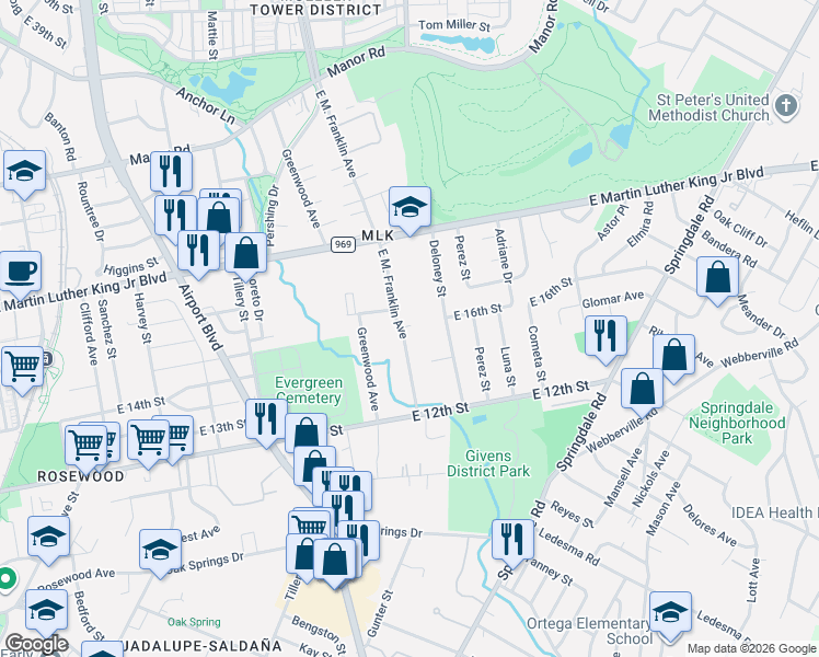 map of restaurants, bars, coffee shops, grocery stores, and more near 1407 E. M. Franklin Avenue in Austin