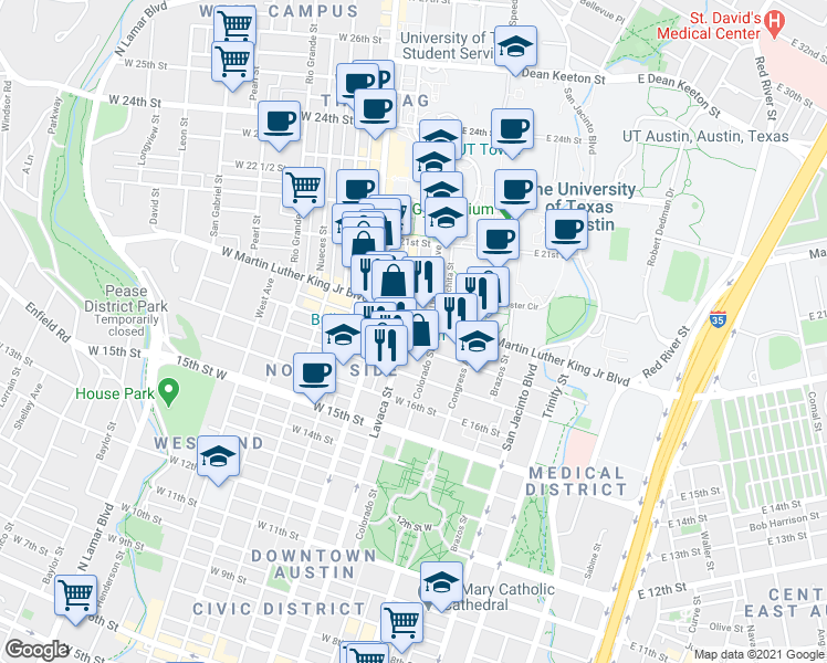 map of restaurants, bars, coffee shops, grocery stores, and more near in Austin