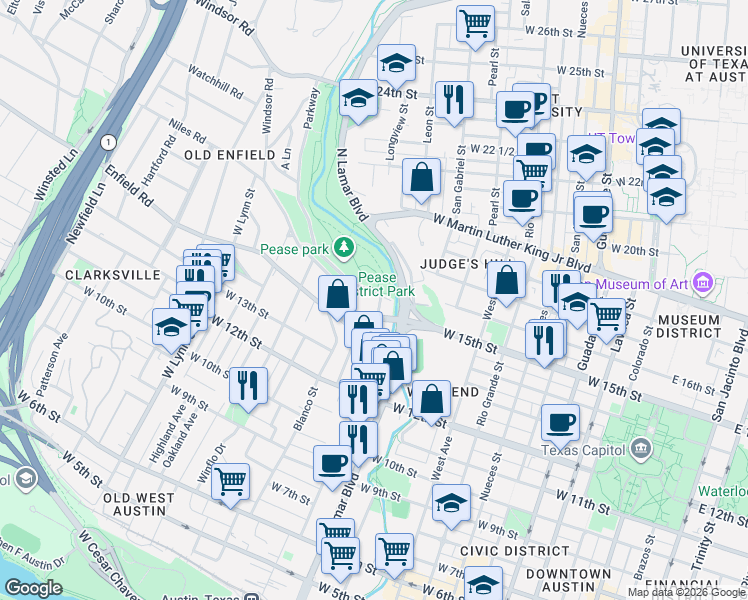map of restaurants, bars, coffee shops, grocery stores, and more near 1516 Parkway in Austin