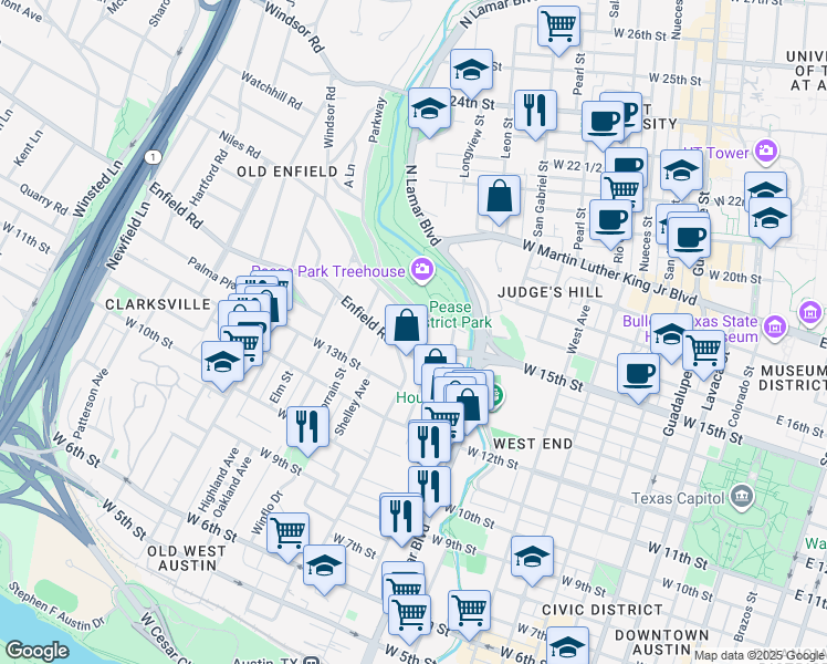 map of restaurants, bars, coffee shops, grocery stores, and more near 1504 Windsor Road in Austin