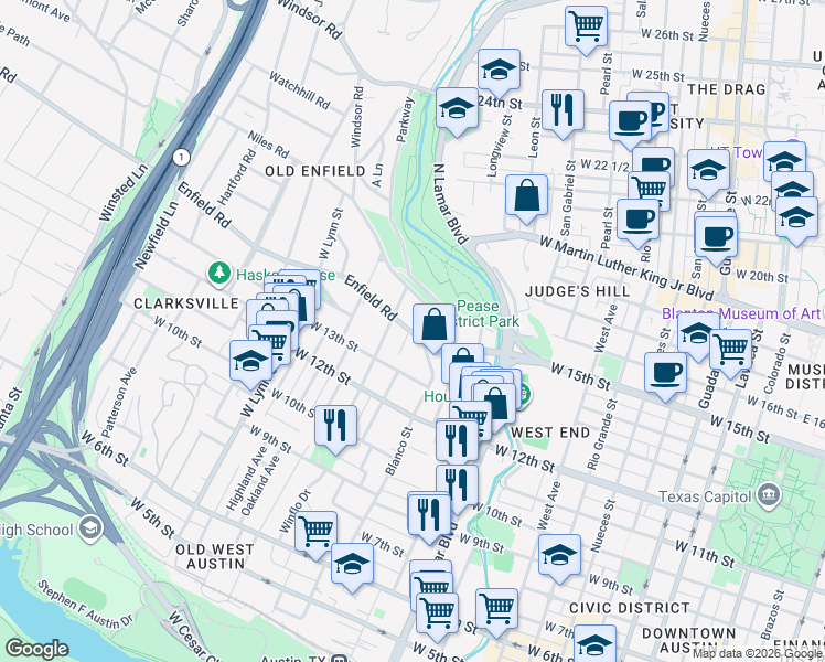 map of restaurants, bars, coffee shops, grocery stores, and more near 1504 Windsor Road in Austin