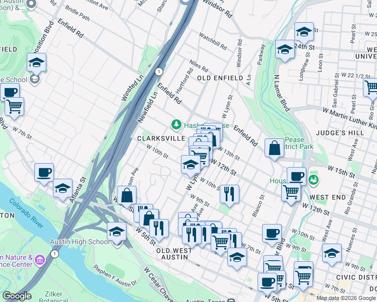 map of restaurants, bars, coffee shops, grocery stores, and more near in Austin