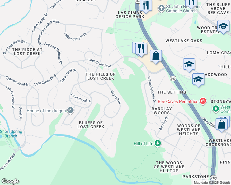 map of restaurants, bars, coffee shops, grocery stores, and more near 1507 Bay Hill Drive in Austin