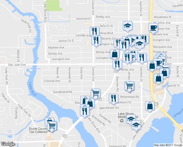 map of restaurants, bars, coffee shops, grocery stores, and more near 2078 Cassat Avenue in Jacksonville