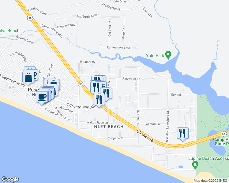 map of restaurants, bars, coffee shops, grocery stores, and more near 63 Stinnett Road in Panama City Beach