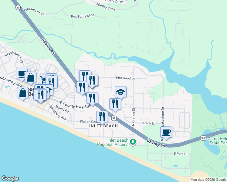 map of restaurants, bars, coffee shops, grocery stores, and more near 63 Stinnett Road in Panama City Beach
