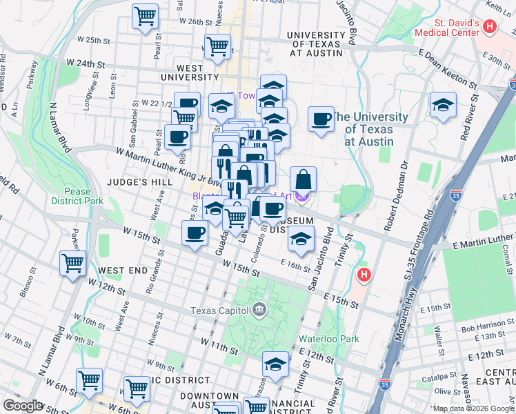 map of restaurants, bars, coffee shops, grocery stores, and more near in Austin