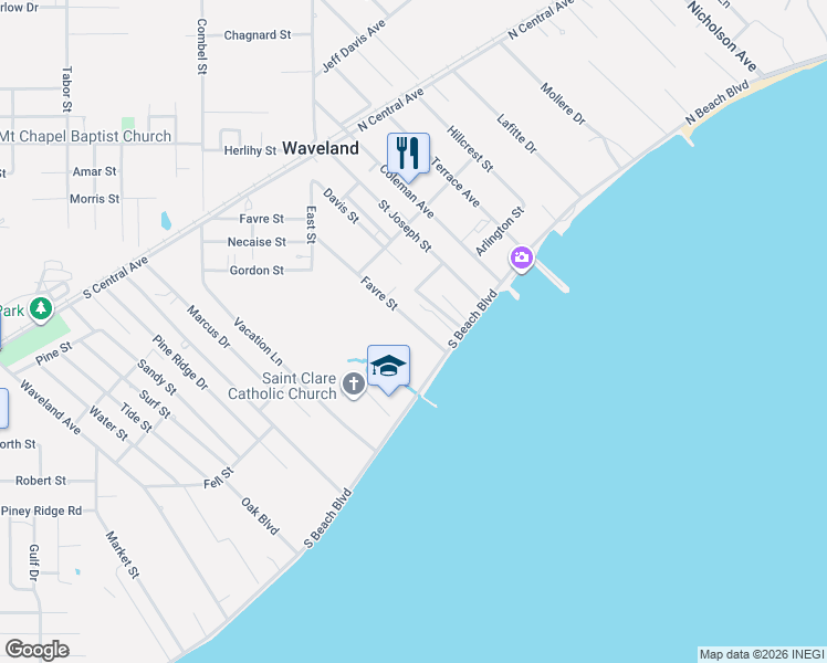 map of restaurants, bars, coffee shops, grocery stores, and more near 204 South Beach Boulevard in Waveland