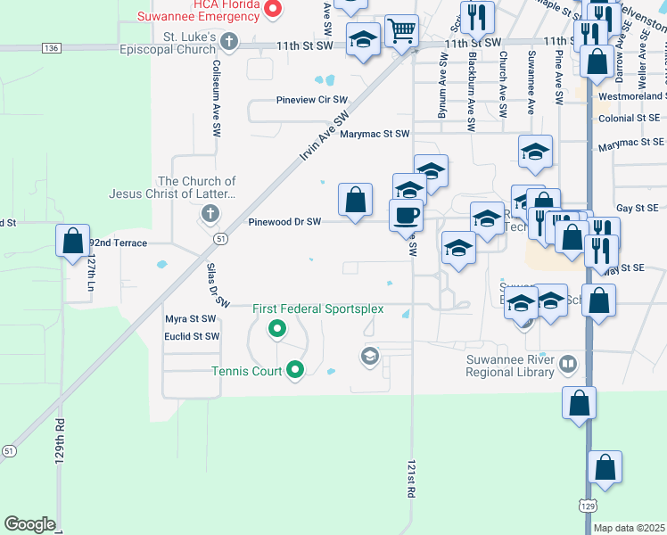 map of restaurants, bars, coffee shops, grocery stores, and more near 705 Northwest Drive Southwest in Live Oak