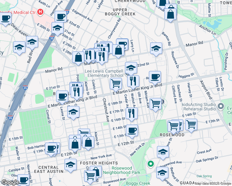 map of restaurants, bars, coffee shops, grocery stores, and more near 2498 East Martin Luther King Junior Boulevard in Austin