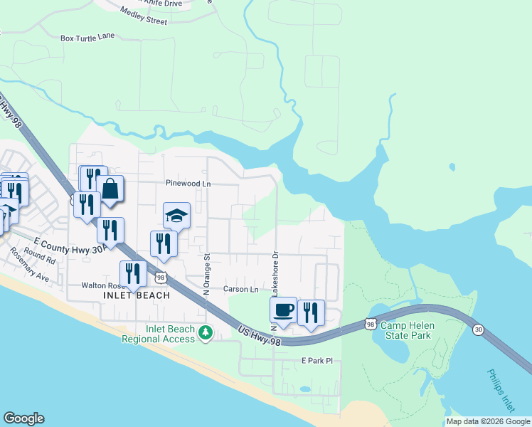 map of restaurants, bars, coffee shops, grocery stores, and more near 433 North Walton Lakeshore Drive in Panama City Beach