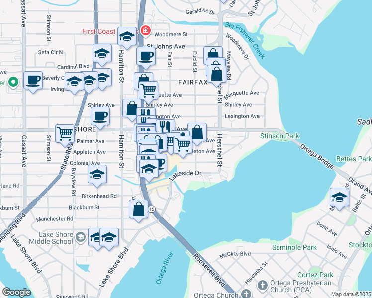 map of restaurants, bars, coffee shops, grocery stores, and more near 4357 Appleton Avenue in Jacksonville