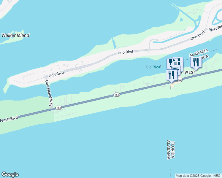 map of restaurants, bars, coffee shops, grocery stores, and more near 29233 Perdido Beach Boulevard in Orange Beach