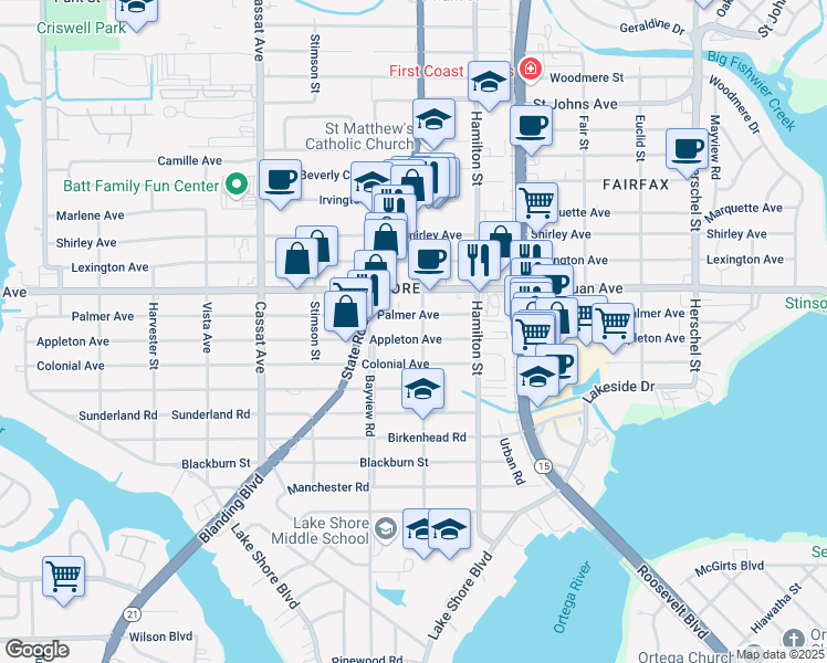 map of restaurants, bars, coffee shops, grocery stores, and more near 4609 Appleton Avenue in Jacksonville