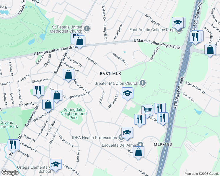 map of restaurants, bars, coffee shops, grocery stores, and more near 1734 Bunche Road in Austin
