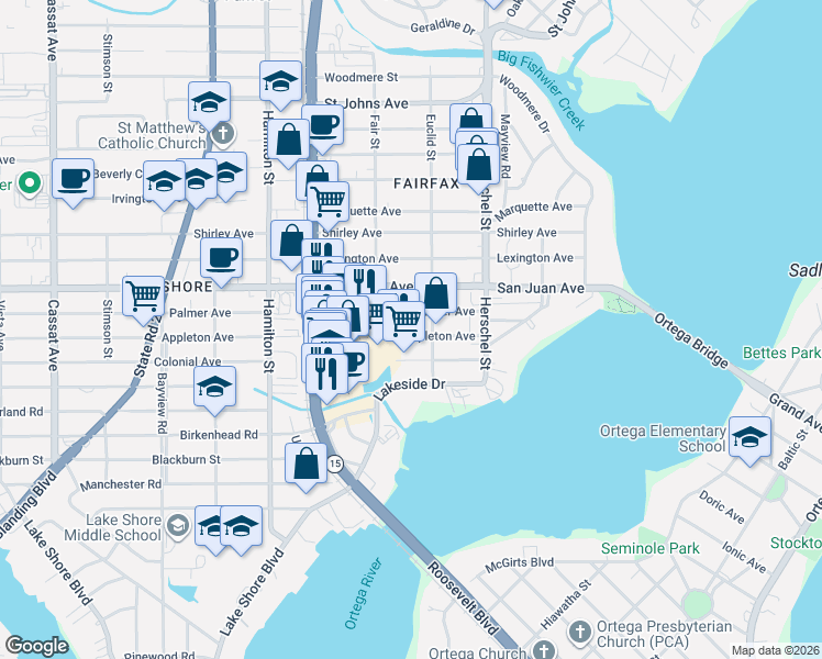 map of restaurants, bars, coffee shops, grocery stores, and more near 4357 Appleton Avenue in Jacksonville
