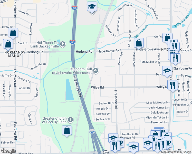 map of restaurants, bars, coffee shops, grocery stores, and more near 2001 Wiley Oaks Lane in Jacksonville