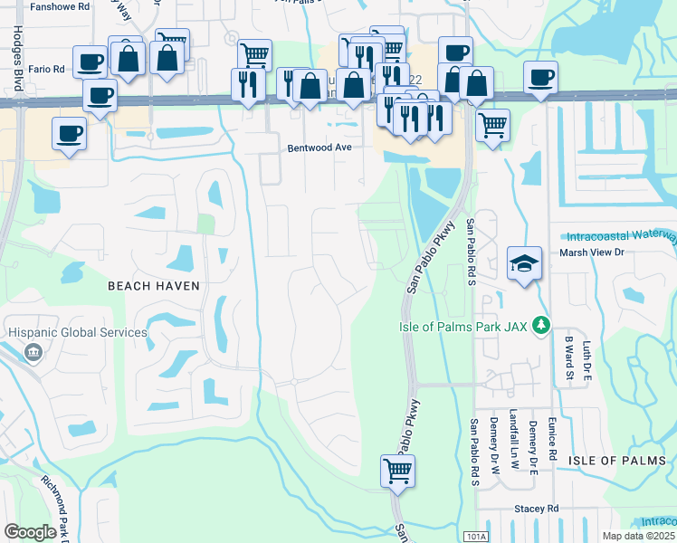 map of restaurants, bars, coffee shops, grocery stores, and more near Annapolis Way in Jacksonville