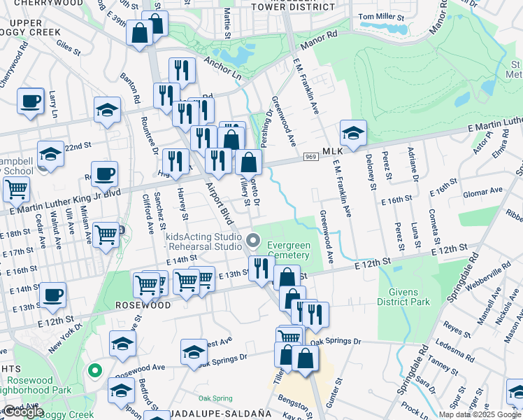 map of restaurants, bars, coffee shops, grocery stores, and more near 1700 Loreto Drive in Austin