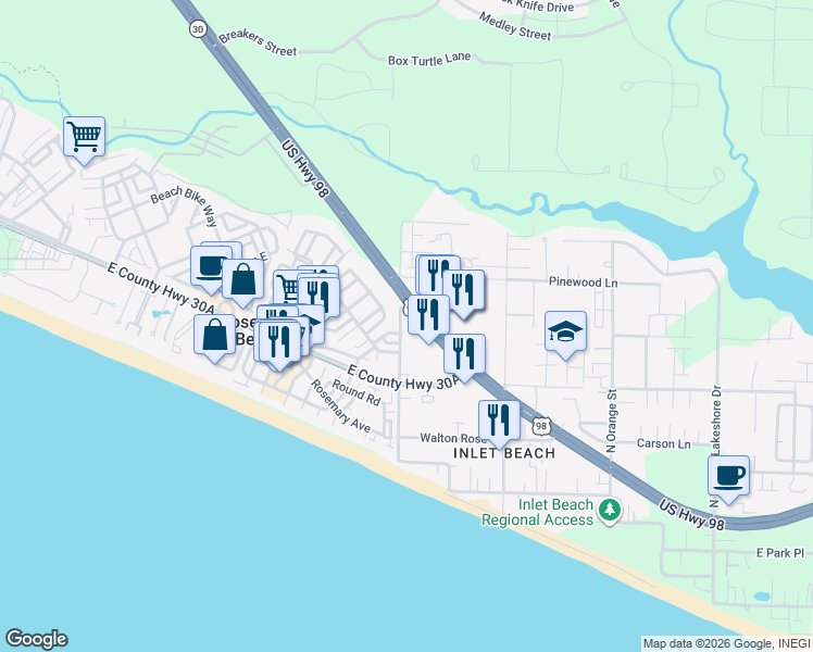 map of restaurants, bars, coffee shops, grocery stores, and more near 114 North Winston Lane in Panama City Beach