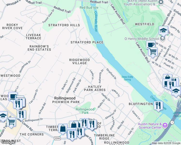 map of restaurants, bars, coffee shops, grocery stores, and more near 106 Laura Lane in Rollingwood