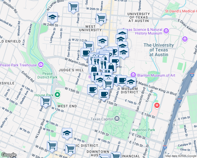 map of restaurants, bars, coffee shops, grocery stores, and more near 1709 San Antonio Street in Austin