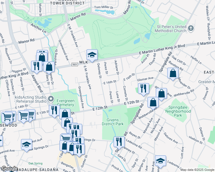 map of restaurants, bars, coffee shops, grocery stores, and more near 1403 Perez Street in Austin