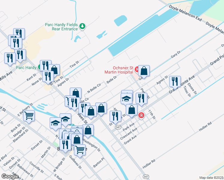 map of restaurants, bars, coffee shops, grocery stores, and more near Lillian Michel Drive in Breaux Bridge
