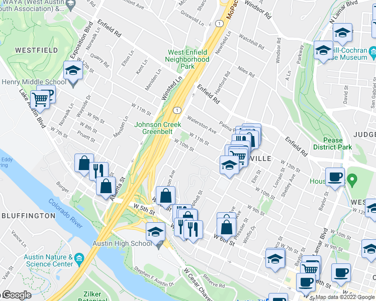 map of restaurants, bars, coffee shops, grocery stores, and more near 1731 West 10th Street in Austin