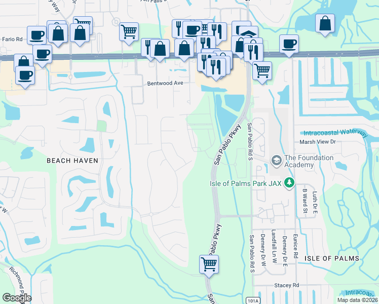 map of restaurants, bars, coffee shops, grocery stores, and more near 3579 Marsh Reserve Boulevard in Jacksonville