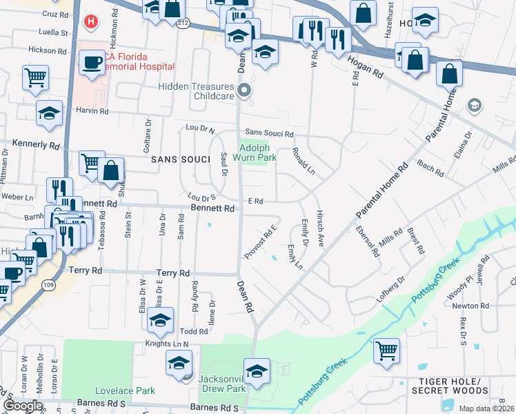 map of restaurants, bars, coffee shops, grocery stores, and more near 6721 Provost Road North in Jacksonville