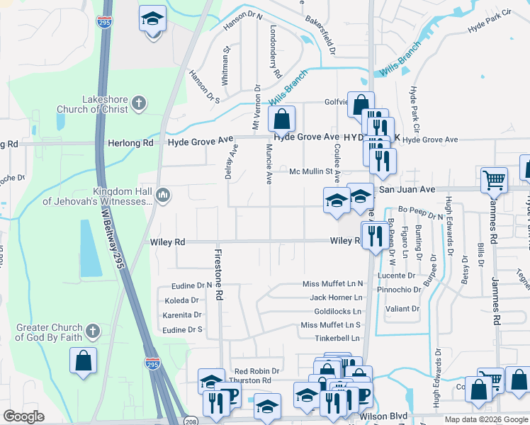 map of restaurants, bars, coffee shops, grocery stores, and more near 2032 Muncie Avenue in Jacksonville
