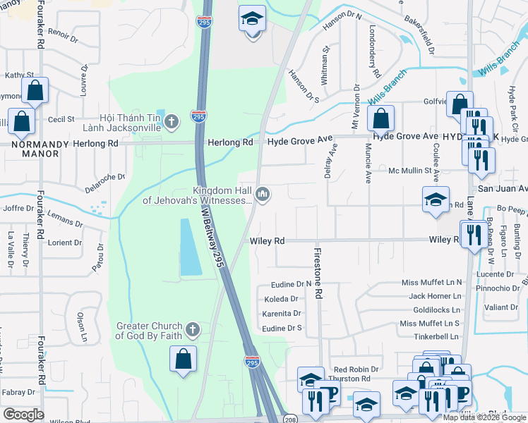 map of restaurants, bars, coffee shops, grocery stores, and more near 2001 Wiley Oaks Lane in Jacksonville