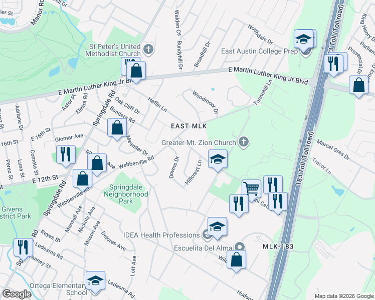 map of restaurants, bars, coffee shops, grocery stores, and more near 1734 Bunche Road in Austin