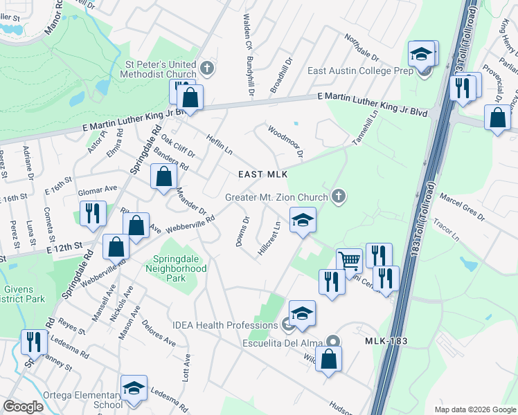 map of restaurants, bars, coffee shops, grocery stores, and more near 1734 Bunche Road in Austin