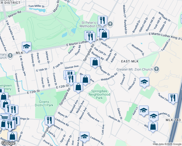 map of restaurants, bars, coffee shops, grocery stores, and more near 1400 North Redondo Drive in Austin