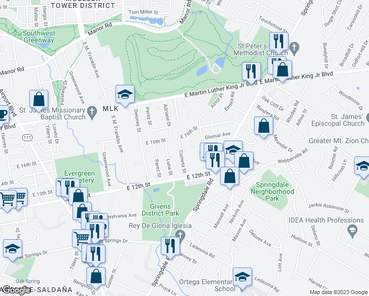 map of restaurants, bars, coffee shops, grocery stores, and more near 1400 Waldorf Avenue in Austin