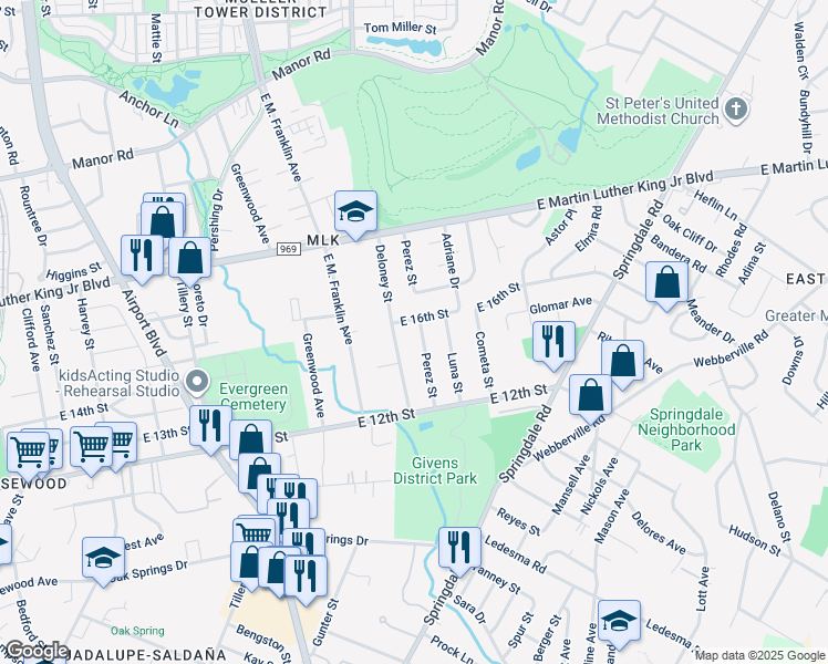 map of restaurants, bars, coffee shops, grocery stores, and more near 1403 Perez Street in Austin