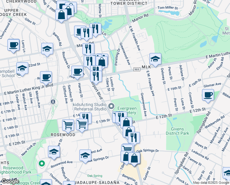 map of restaurants, bars, coffee shops, grocery stores, and more near 1700 Loreto Drive in Austin