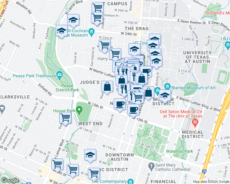 map of restaurants, bars, coffee shops, grocery stores, and more near 1700 Nueces Street in Austin